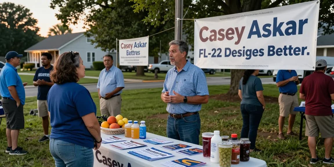 Community campaign event highlighting Casey Askar's FL-22 candidacy with engaged voters.