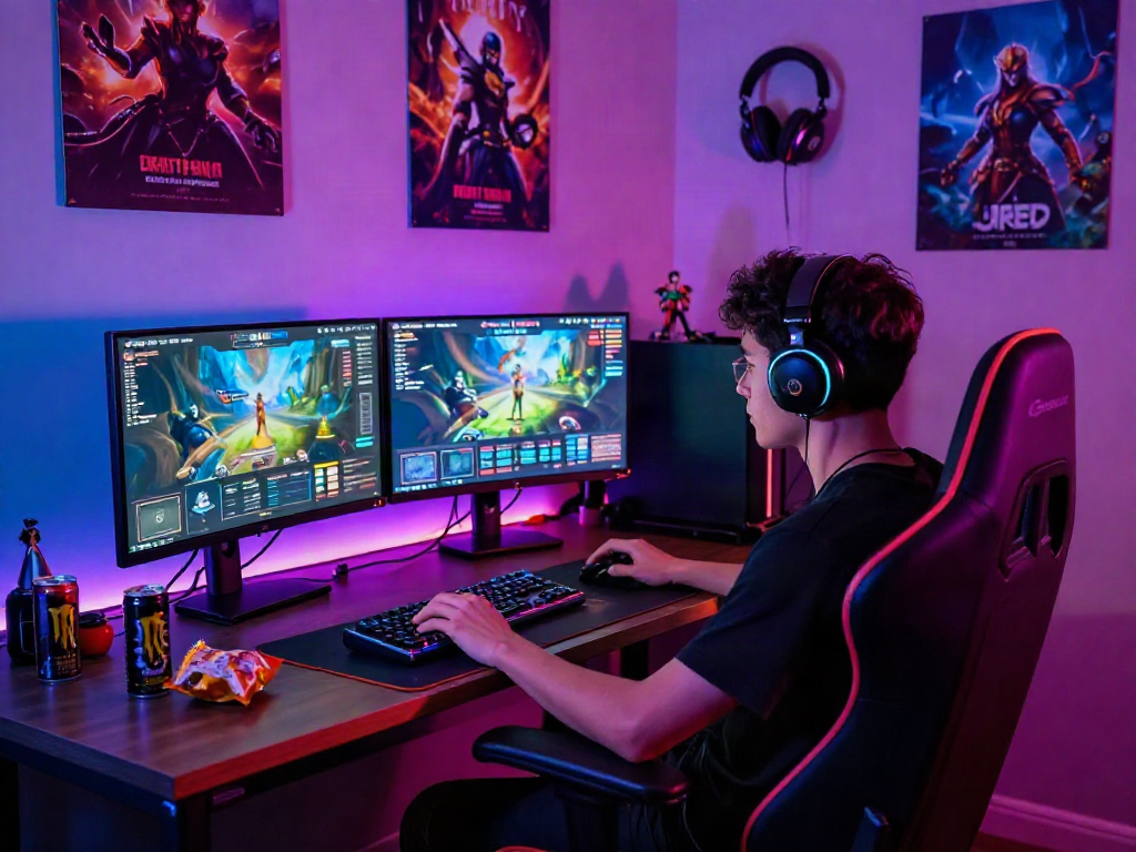 Gamer immersed in an html porn game in a vibrant gaming studio with colorful RGB lighting.