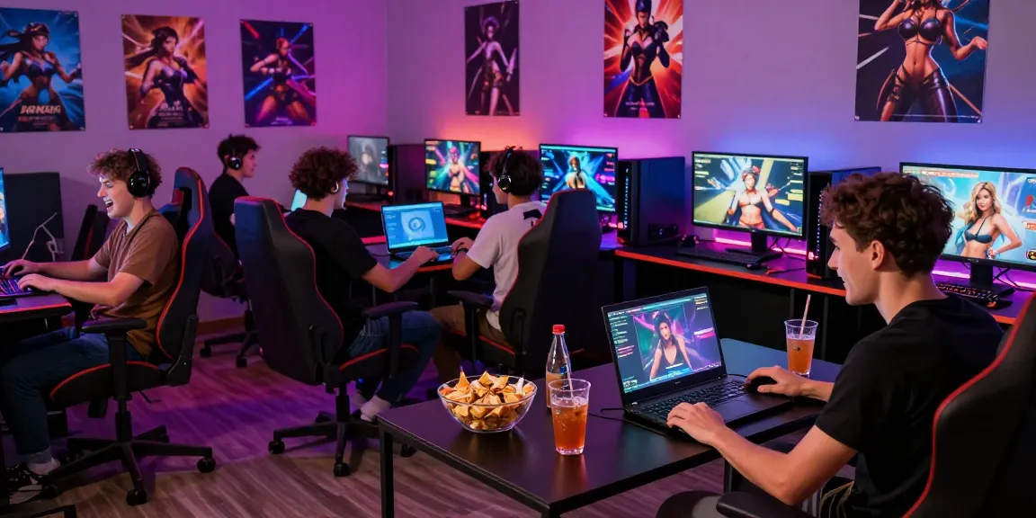 Diverse gamers enjoying a trans porn game with vibrant LED lights and engaging atmosphere.