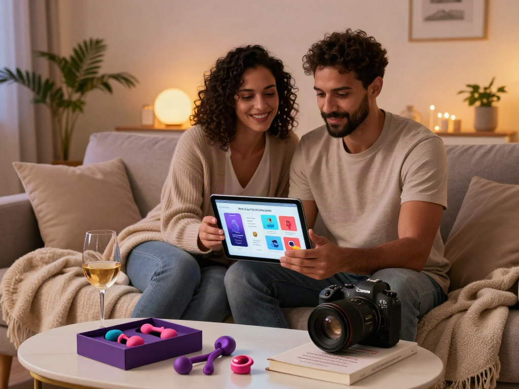 Couple exploring AI sex wellness apps on a tablet, warm intimate setting with mood lighting.