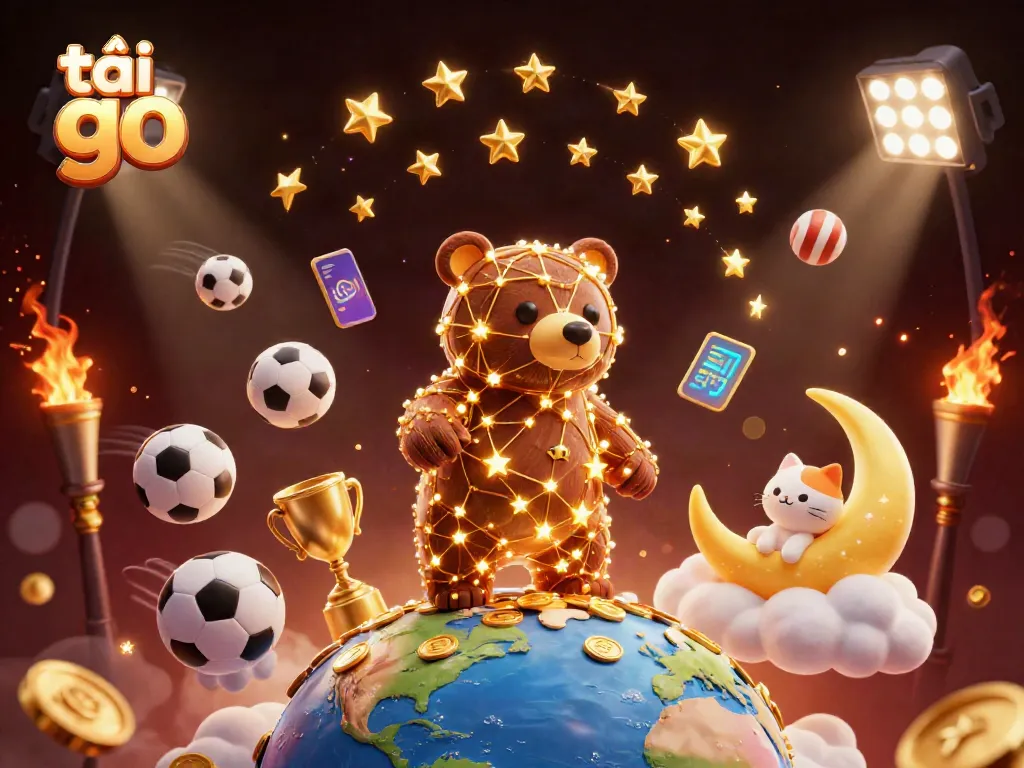 Engage in the excitement of tải go 88 as a constellation bear scoops coins from Earth amidst dynamic sports elements.