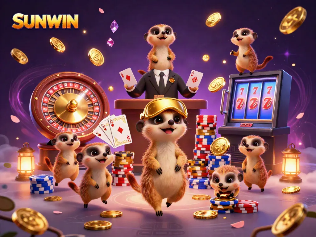 SUNWIN meerkats running a vibrant casino with cascading gold coins and a roulette wheel.