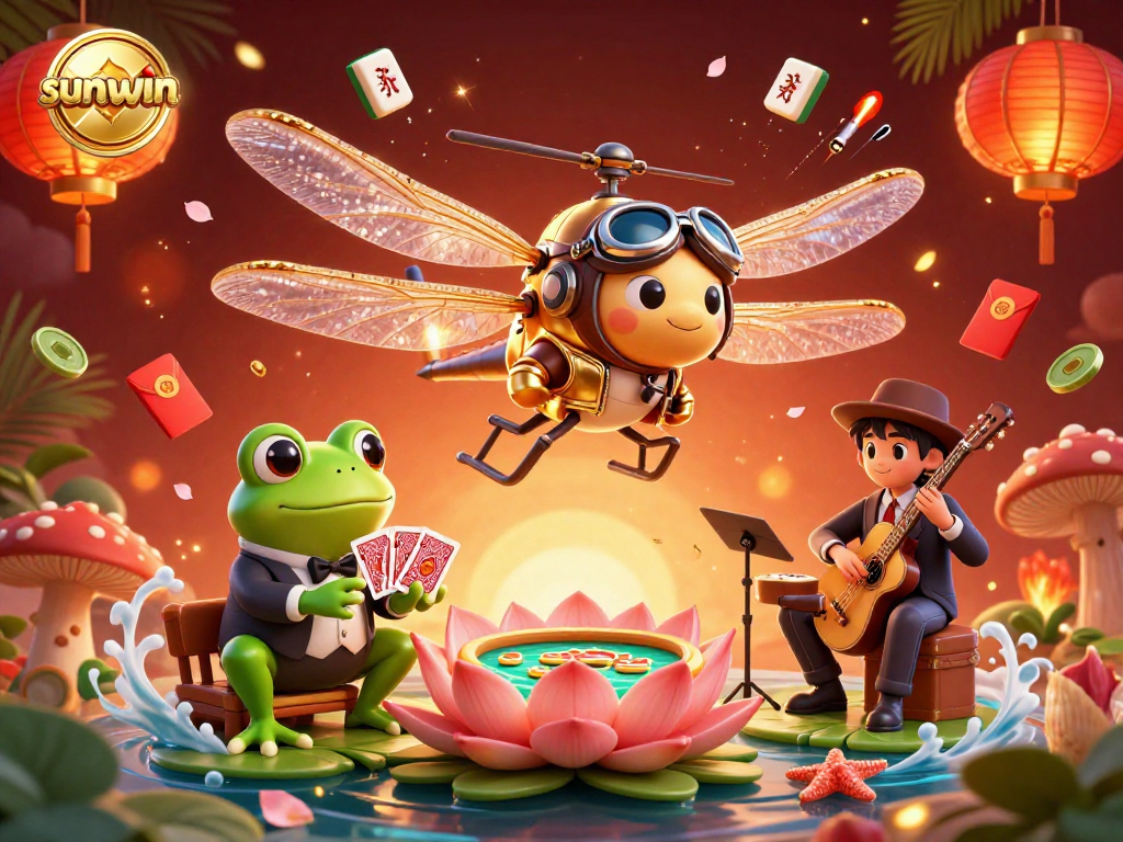 Engage in exciting gameplay with sunwin, featuring vibrant casino elements and animated characters thrillingly set in a lily pad casino.