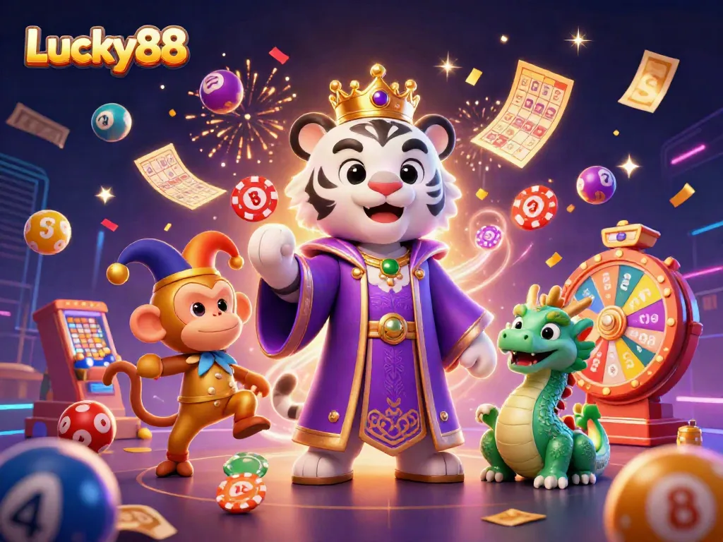 Experience Lucky88 with vibrant 3D characters in a lively casino scene, featuring exciting lottery elements.
