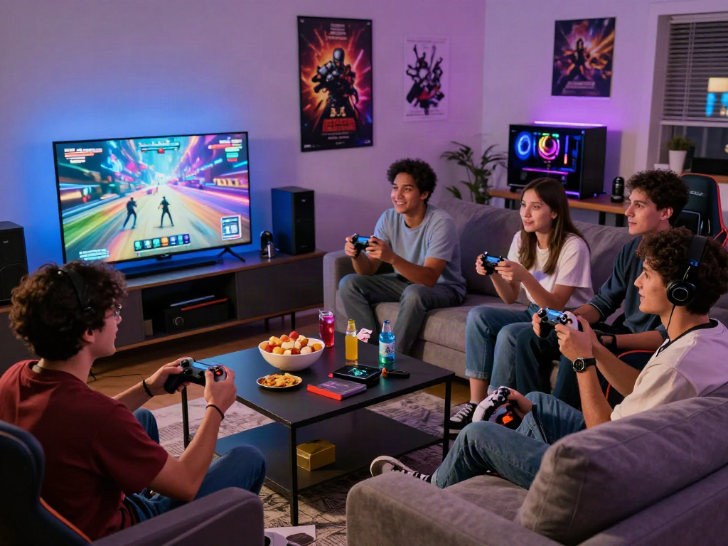 Friends enjoying xxx games together in a vibrant gaming setup with snacks and colorful lights.