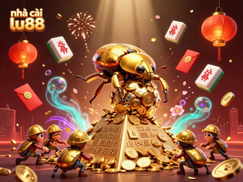 Experience high-stakes gaming action at nhà cái lu88 with an illustration of a golden beetle rolling coins.