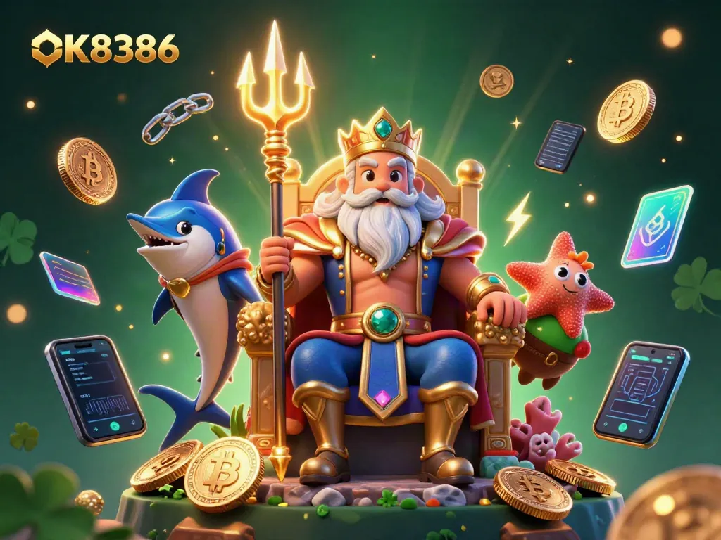 Engage with the vibrant worlds of OK8386 through its stunning sea king character in a 3D casino illustration.