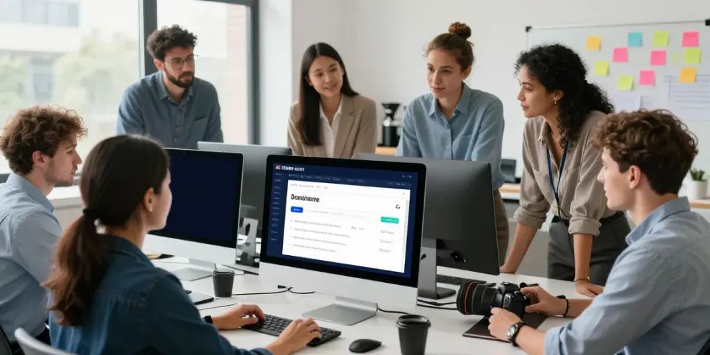 Collaborative team engaged in a domain name search UK process, showcasing modern workplace dynamics.