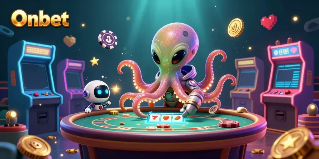 Experience Onbet's lively casino scene with vibrant characters and dynamic gaming elements.
