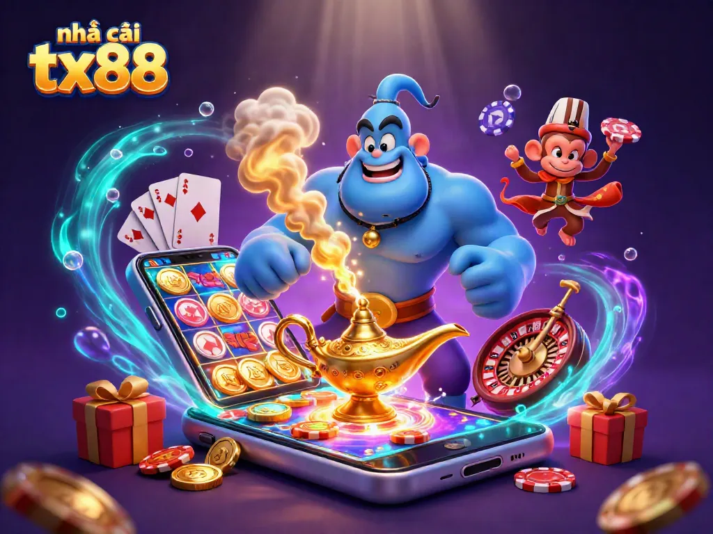 Engage with nhà cái tx88 in a colorful scene filled with casino action and vibrant gaming elements.