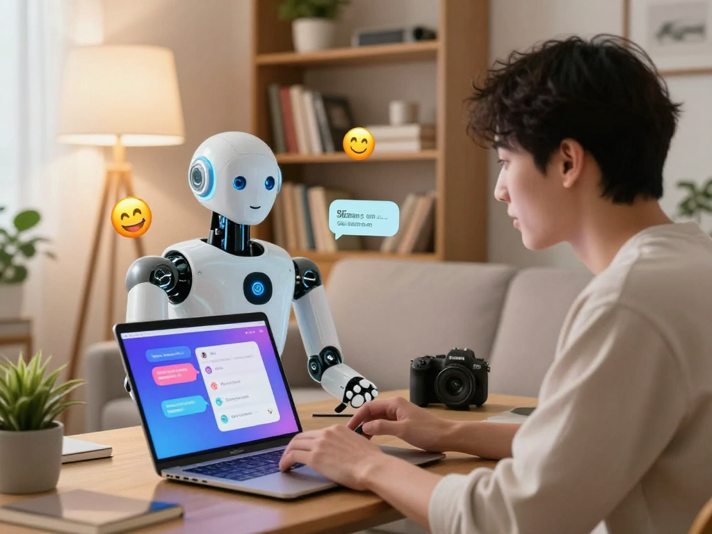 AI sex chat interaction between a humanoid robot and a user in a cozy setting.