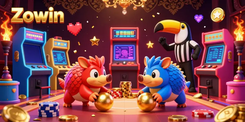 Zowin pangolins bowling with golden balls through poker chips in a vibrant casino scene.