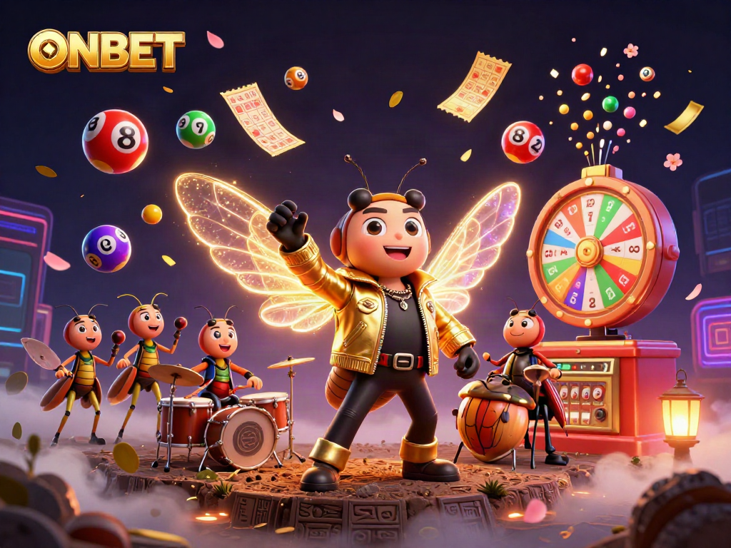 Engage with ONBET amid dramatic 3D casino scene featuring a cicada rock star, vibrant gaming elements.