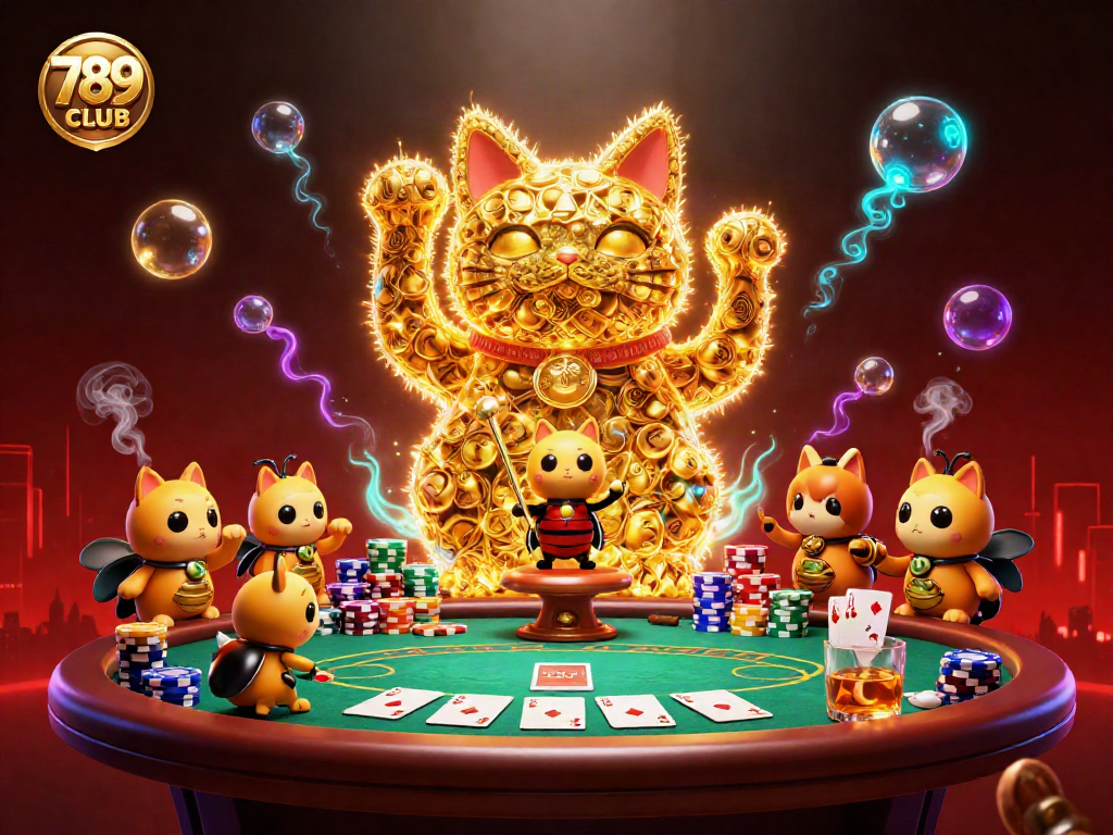 Engage with the vibrant 789CLUB experience featuring a dazzling lucky cat in a lively casino setting.