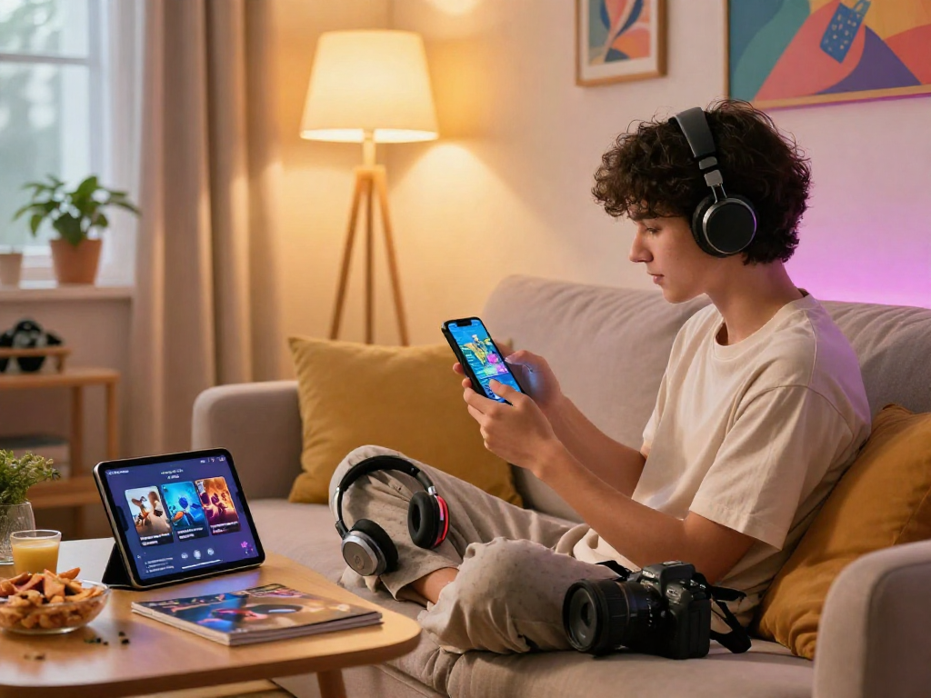 Engaged player enjoying mobile porn games on a smartphone in a cozy living room setting.
