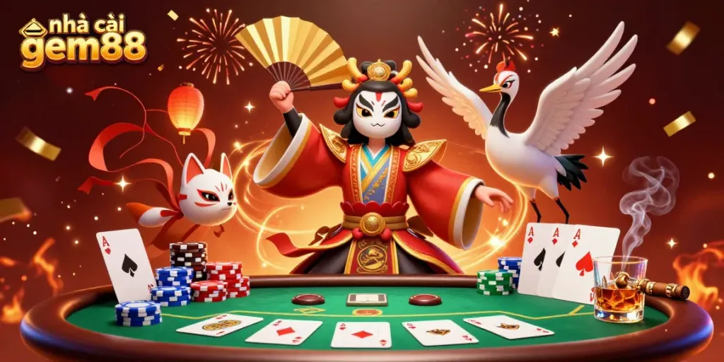 Engage with exciting gameplay at nhà cái gem88 featuring a kabuki warrior and poker elements.
