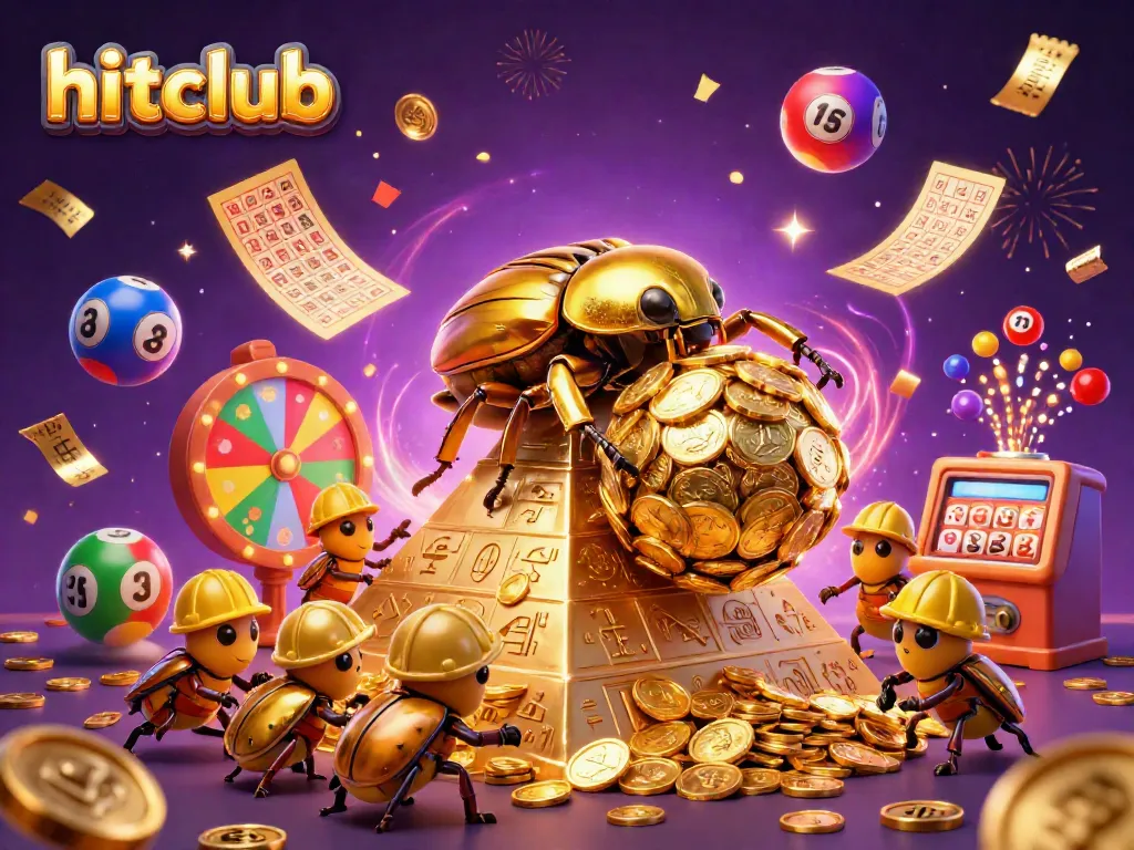 Experience the thrill of hitclub with a dynamic scene of golden insects rolling coins amidst vibrant casino elements.