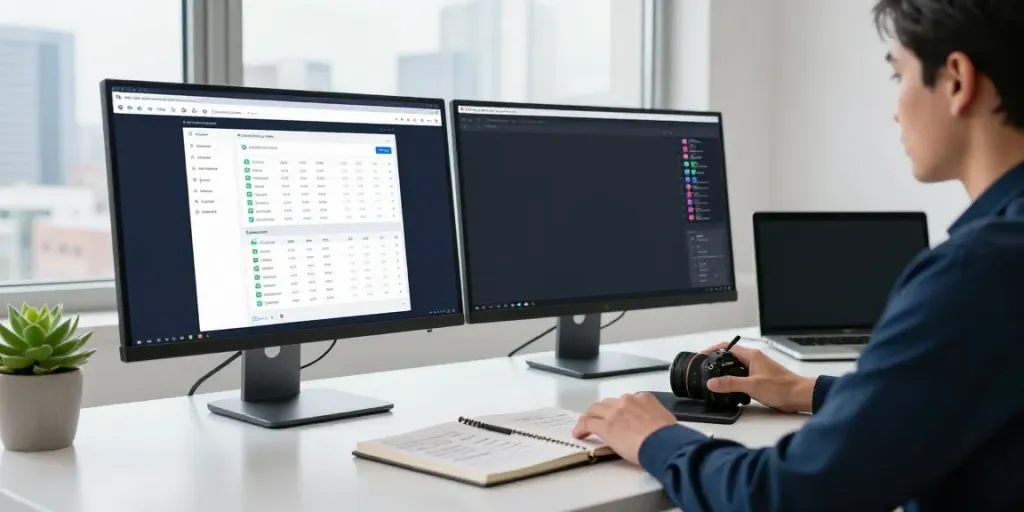 Digital marketing workspace showcasing instant indexing analytics on screen