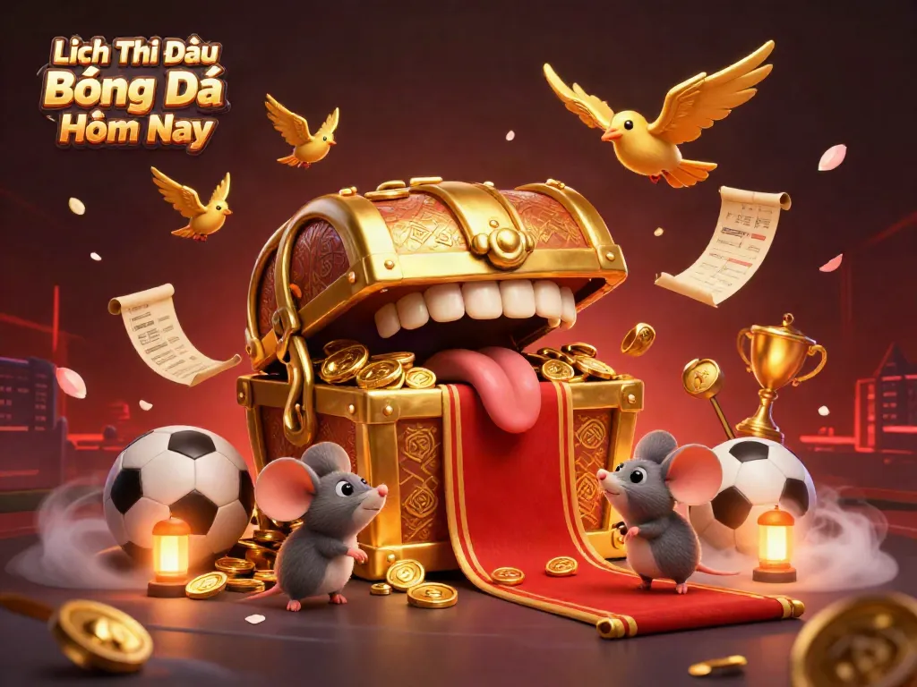 Lịch Thi Đấu Bóng Đá Hôm Nay highlights captivating sports betting elements, drawing in players with animated treasure chest and festive atmosphere.