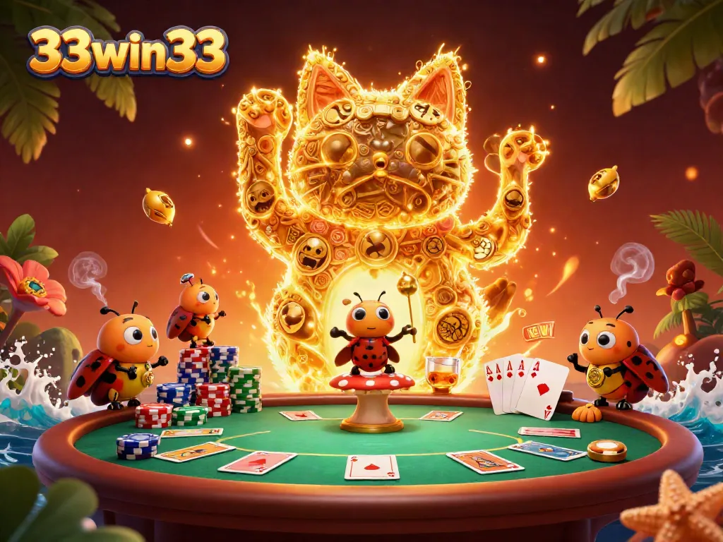 Engage with the vibrant world of 33win33 casino featuring golden fireflies and dynamic poker elements.