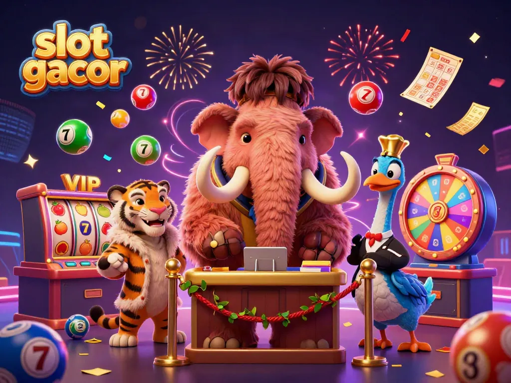 Experience the thrill of slot gacor with a vibrant scene of a woolly mammoth bouncer, saber-tooth tiger VIP, and dodo bird doorman.