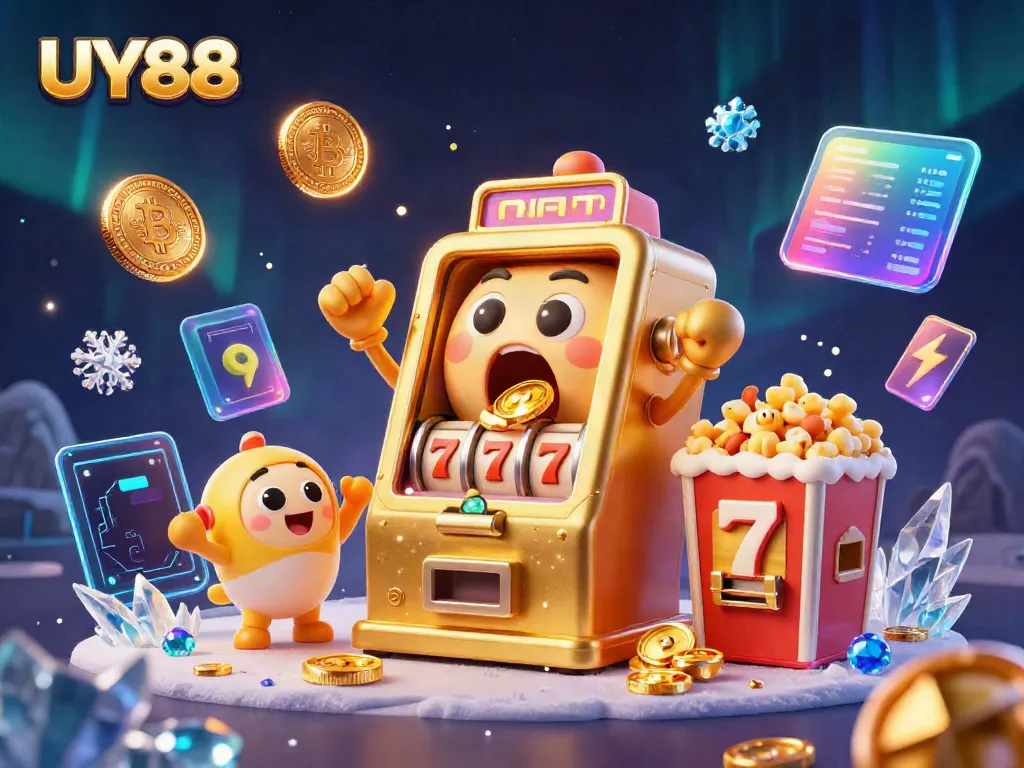 Experience the excitement of UY88 with a 3D cartoon slot machine winning a jackpot surrounded by festive elements.