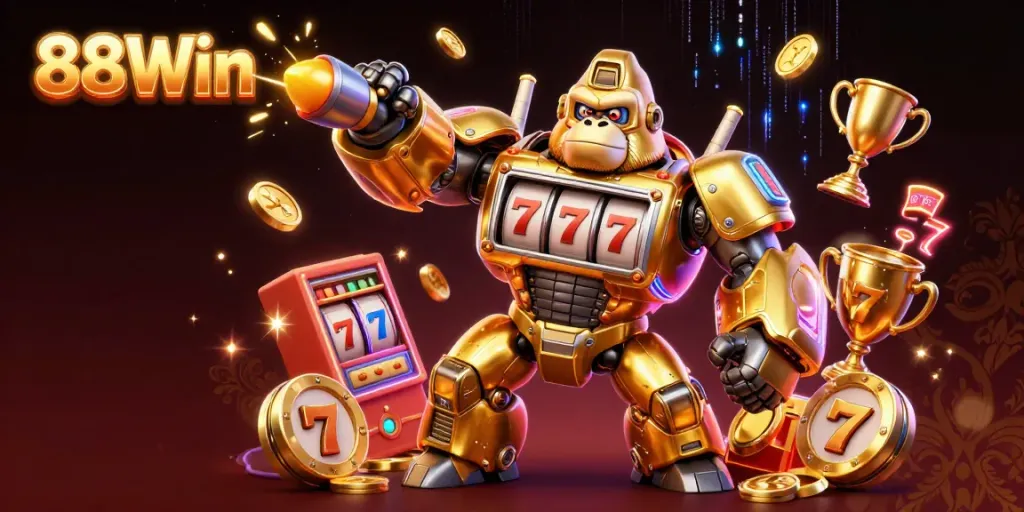 Experience thrilling 88Win gaming action with a dynamic gorilla mech and slot elements.