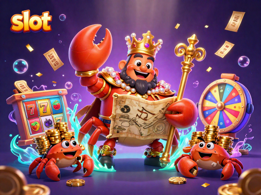 Experience thrilling slot action with a golden crab emperor amidst vibrant casino elements.