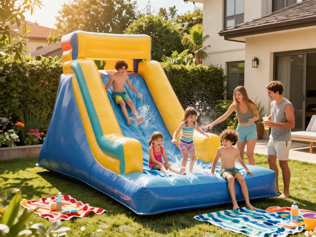 Children enjoying a water slide in a vibrant backyard setting during summer.