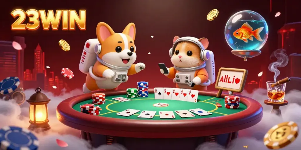 Experience thrilling 23WIN casino adventures with an astronaut corgi, poker chips, and cosmic fun.