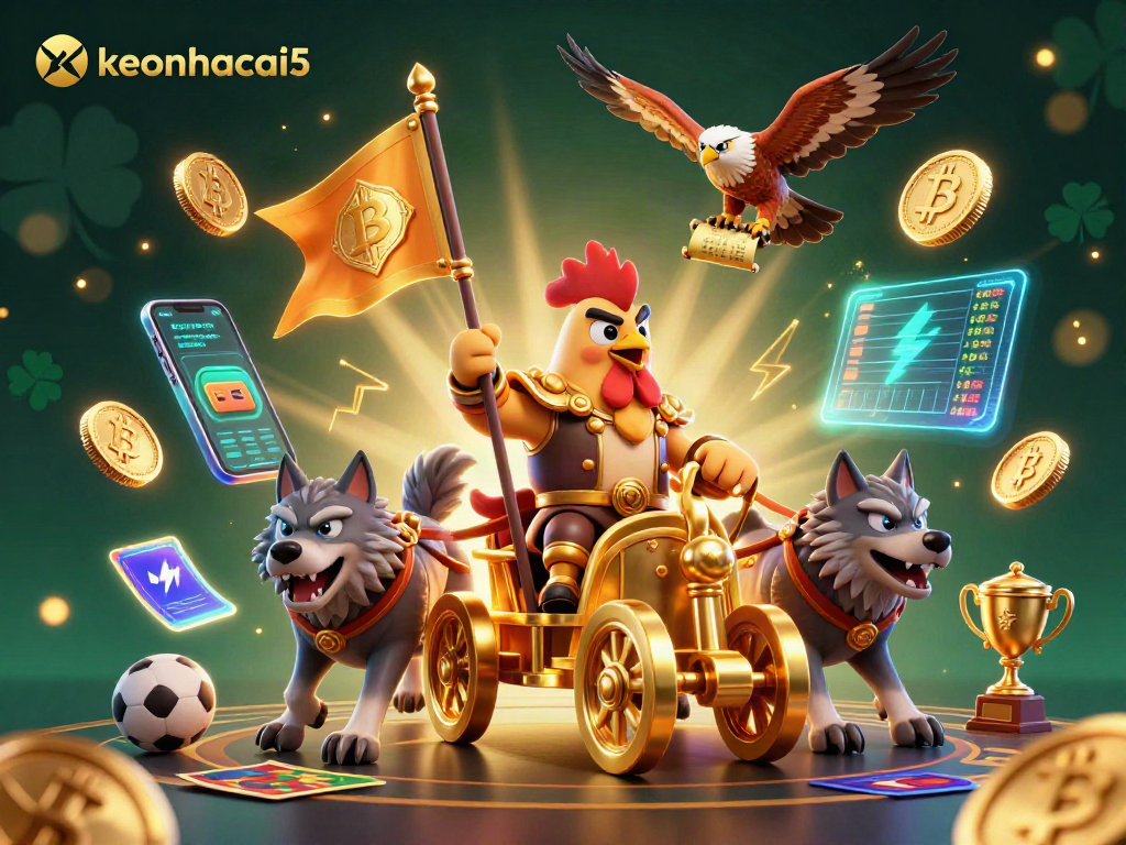 Place bets with keonhacai5 in a vibrant sports betting scene featuring a rooster warlord.