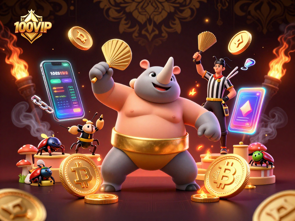 100VIP showcases an exciting casino scene with a beetle champion stomping gold coins amidst crypto elements.