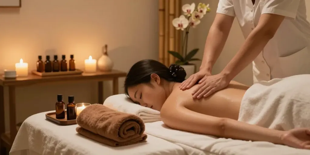 Nuru massage NYC near me in a luxurious spa treatment room with ambient lighting and serene decor for relaxation.