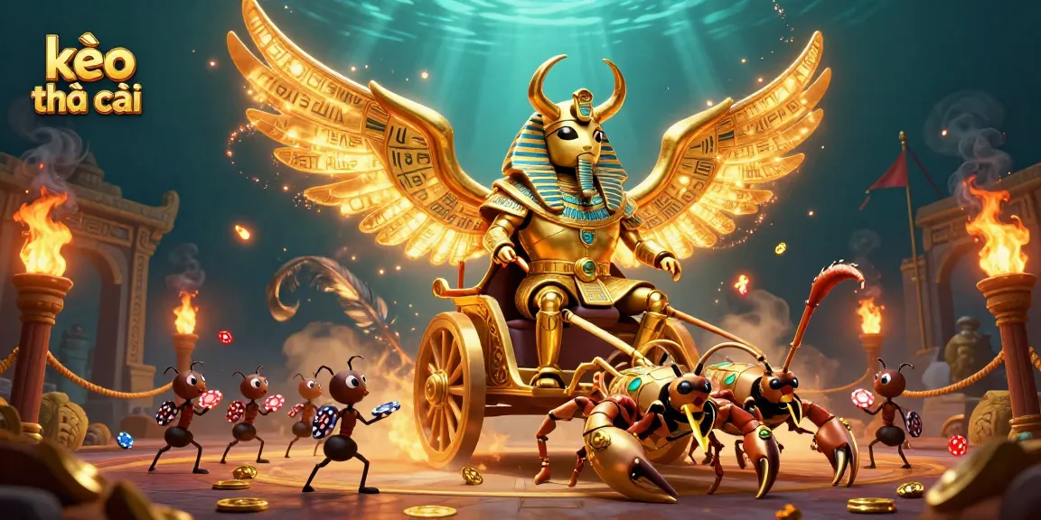 Engage with kèo nhà cái in an epic 3D scene featuring a golden scarab and jewel-encrusted scorpions.