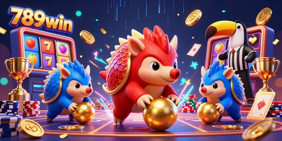 Experience the excitement of gambling action with 789win and cartoon pangolins competing amidst vibrant casino elements.