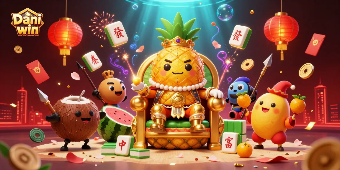 Dhani win gambling scene with a golden pineapple king and vibrant casino elements.