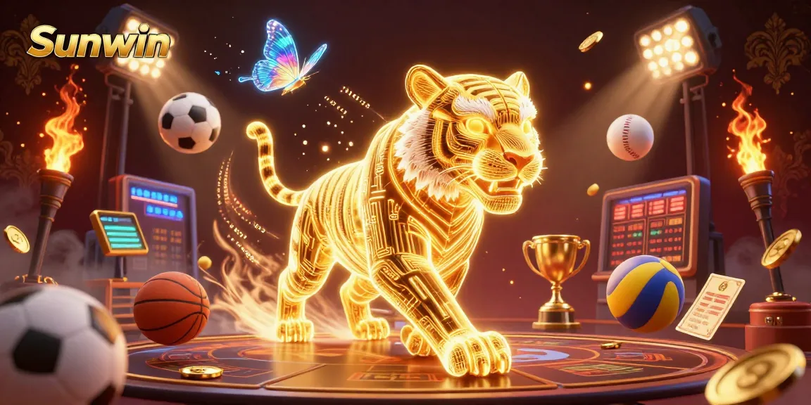 Experience Sunwin's vibrant 3D casino world with a golden tiger and dynamic sports elements.