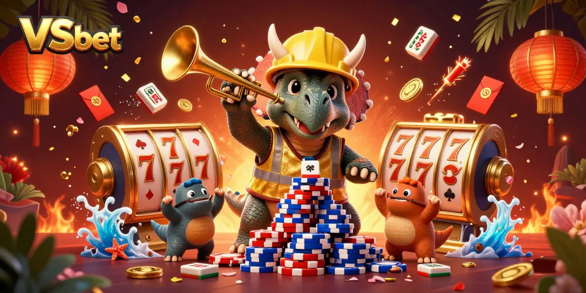 VSbet showcases a celebration with a triceratops building poker chips and jubilant characters in a vibrant casino setting.