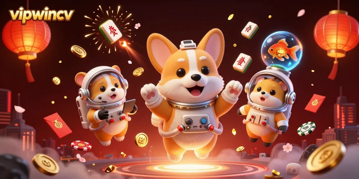 Play poker with vipwincv in a vibrant, floating casino scene featuring a corgi and golden coins.