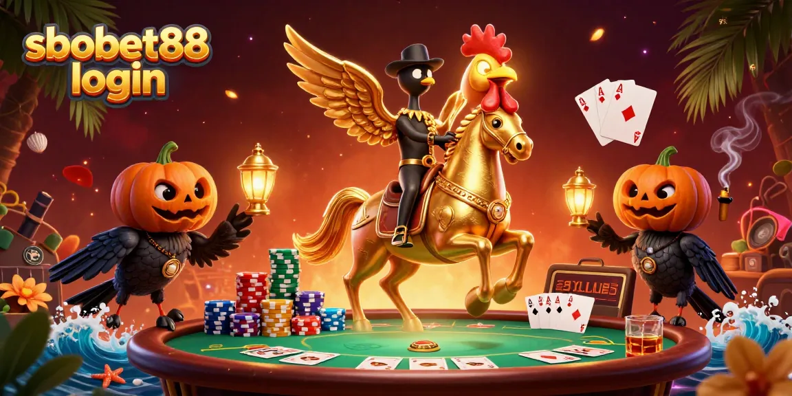 SBOBET88 login showcases thrilling casino adventure with golden rooster and glowing head.