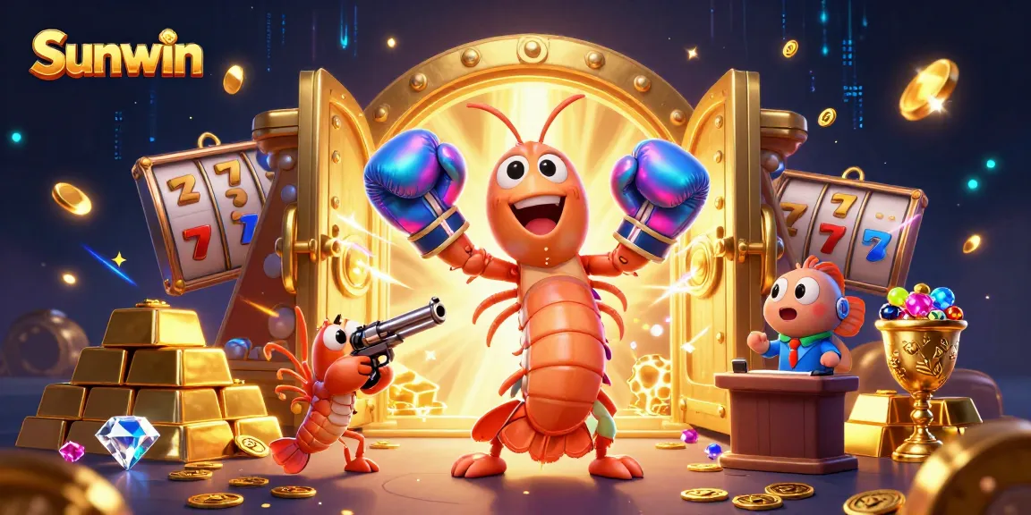Experience thrilling gameplay at Sunwin, featuring cartoon shrimp in a vibrant casino scene.