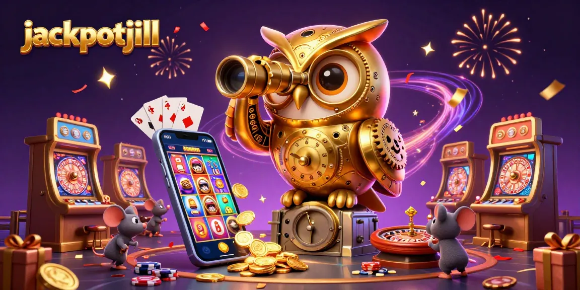 Experience jackpotjill excitement with 3D cartoon characters amidst vibrant casino visuals.