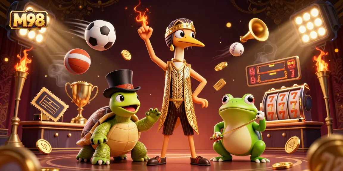 M98 sports betting dynamic illustration with engaging casino elements and vibrant characters