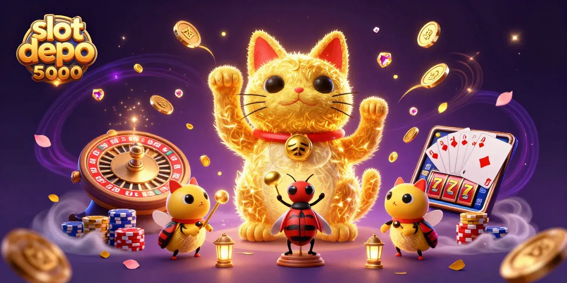 Experience the excitement of slot depo 5000 with dynamic casino elements featuring a lucky cat and gold coins.