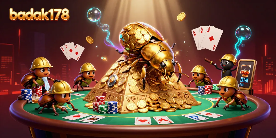 Join the excitement with badak178 as a golden dung beetle rolls a treasure of coins in a vibrant casino scene.