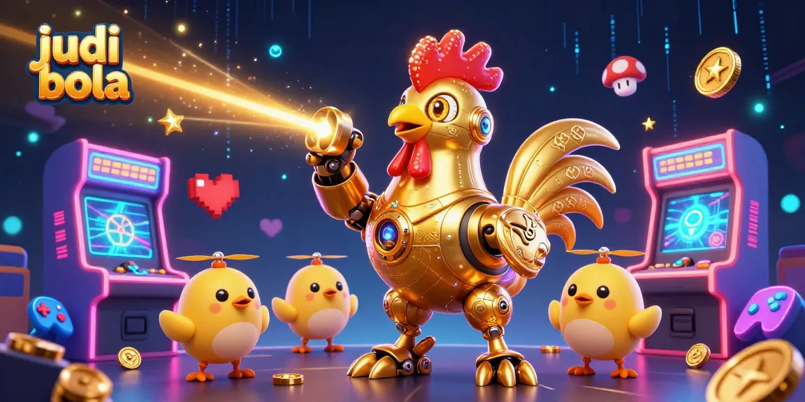 Engage in judi bola with a golden rooster robot and baby chick drones amidst vibrant 3D gaming elements.